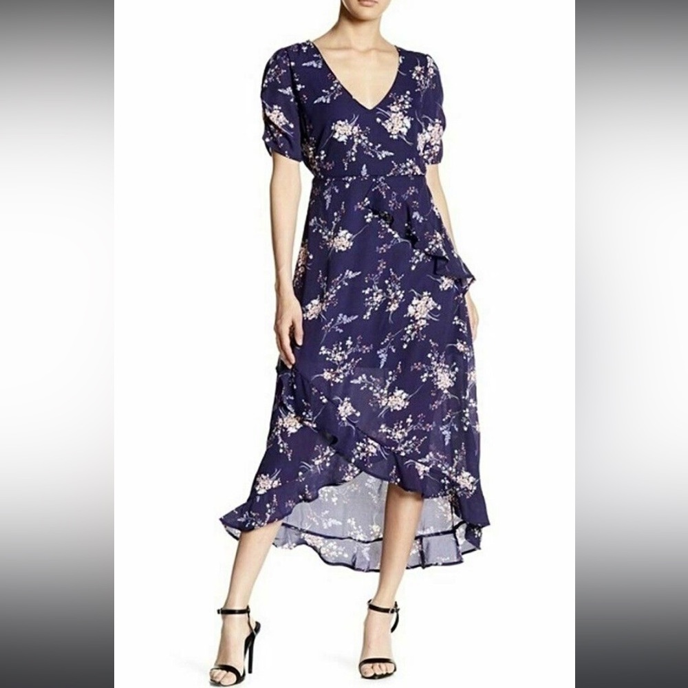 Spirit of Grace Dress Womens Medium Ruffle High Low Blue Floral Print V- Neck